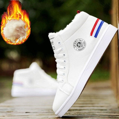 White Stevvex men's plush high-top sneakers with lace-up and red/blue heel stripes pair on Tampa Home & Garden Store