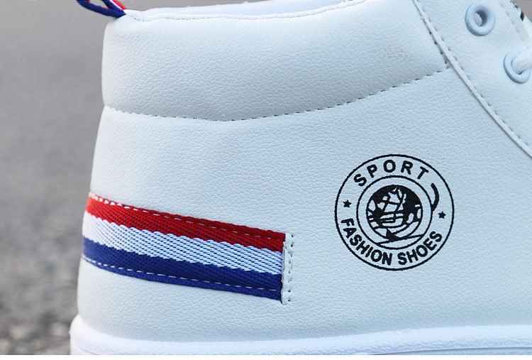 Stevvex white leather high-top sneakers with red-white-blue striped heel tab and circular logo on Tampa Home & Garden Store