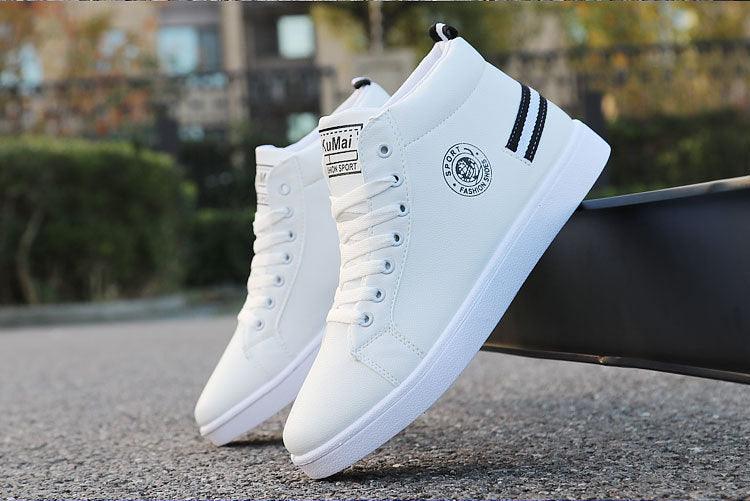 Stevvex white leather high-top sneakers with lace-up front and side logo patch on Tampa Home & Garden Store