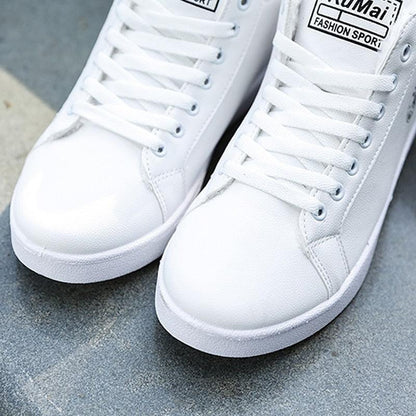 White high-top leather sneakers with lace-up closure for men, casual fashion walking shoes on Tampa Home & Garden Store