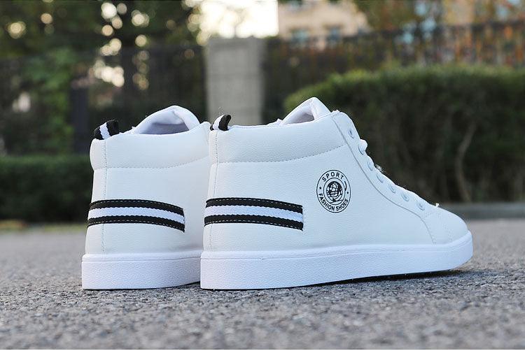 Stevvex white high-top sneakers pair with black heel stripes and side logo patch on Tampa Home & Garden Store