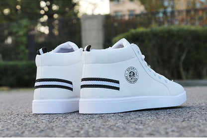 Stevvex white high-top sneakers pair with black heel stripes and side logo patch on Tampa Home & Garden Store