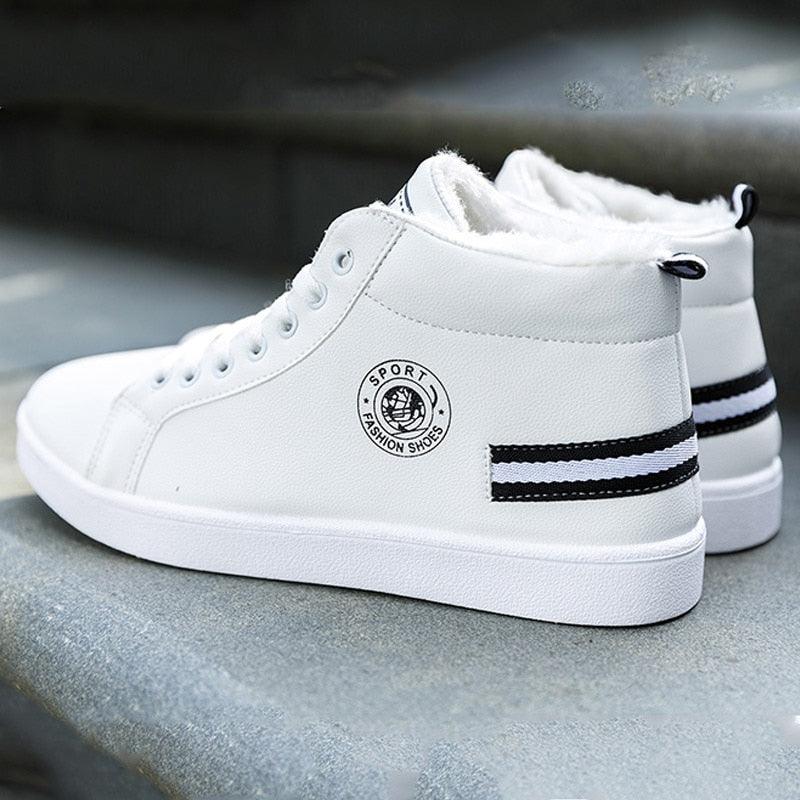 Stevvex white high-top men's sneakers with plush lining, leather upper and side logo patch pair on Tampa Home & Garden Store