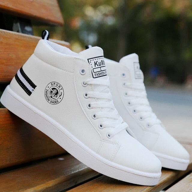 Stevvex white high-top men’s sneakers, leather upper, plush lining, breathable casual shoes on Tampa Home & Garden Store