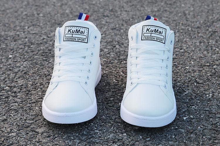 White high-top sneakers with laces, KuMai label, blue pull tabs, men's casual walking shoes on Tampa Home & Garden Store