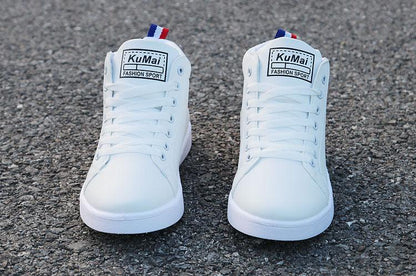White high-top sneakers with laces, KuMai label, blue pull tabs, men's casual walking shoes on Tampa Home & Garden Store