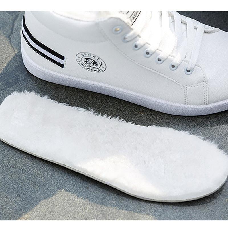 Stevvex white leather high-top sneakers with plush winter lining logo patch and stripe heel detail on Tampa Home & Garden Store