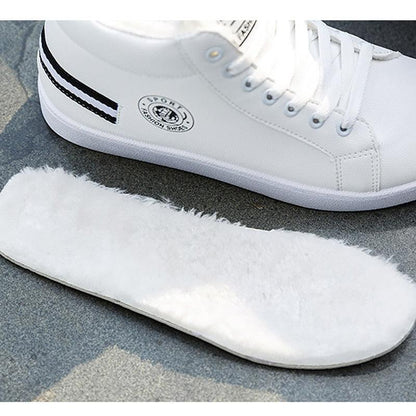 Stevvex white leather high-top sneakers with plush winter lining logo patch and stripe heel detail on Tampa Home & Garden Store