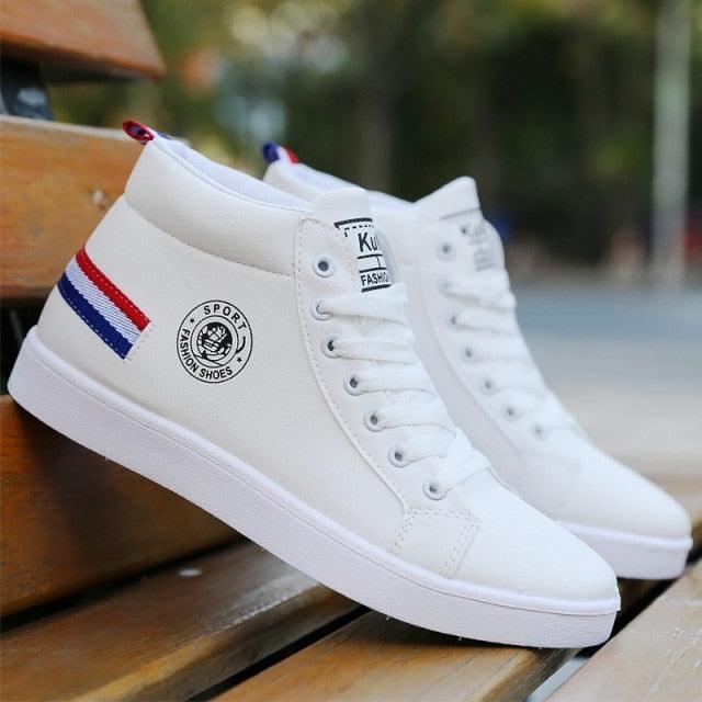 Stevvex white leather high-top sneakers, lace-up pair with red/blue striped heel patch on Tampa Home & Garden Store