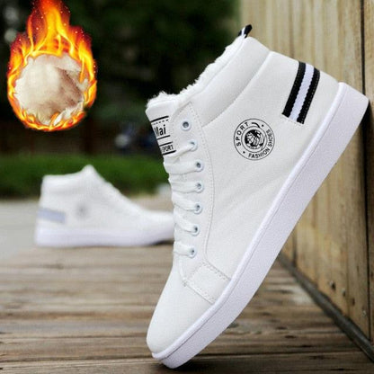 Stevvex white high-top winter plush sneakers with leather upper casual walking shoes on Tampa Home & Garden Store
