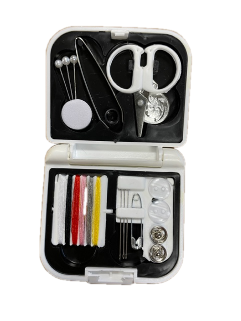 Sewing kit in white plastic case by River Country Gear with scissors, pins and thread spools on Tampa Home & Garden Store