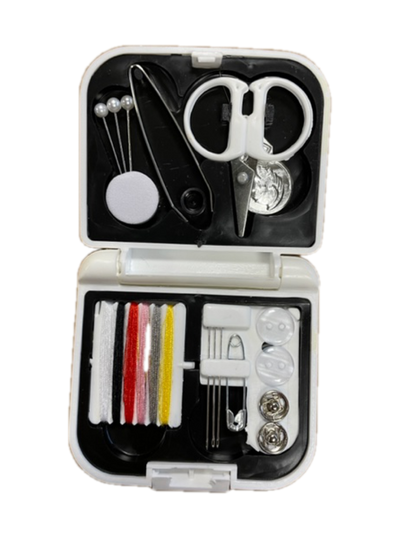 Sewing kit in white plastic case by River Country Gear with scissors, pins and thread spools on Tampa Home & Garden Store