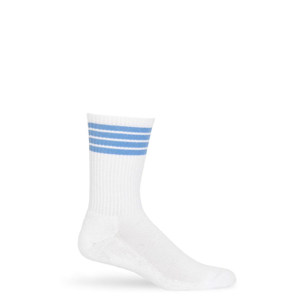 DeadSoxy white powder 4-stripe crew socks with blue stripes on Tampa Home & Garden Store