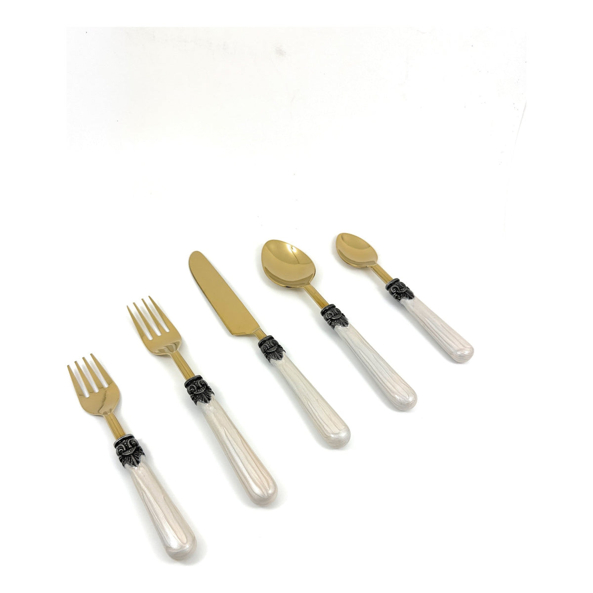 Flatware set Vibhsa white resin-handle antique design, 20-piece with gold-tone spoons on Tampa Home & Garden Store