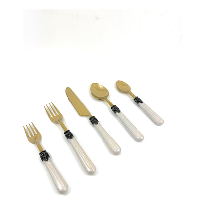 Flatware set Vibhsa white resin-handle antique design, 20-piece with gold-tone spoons on Tampa Home & Garden Store