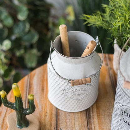 White small iron flower garden barrel with lattice and wooden handles inside RusticReach on Tampa Home & Garden Store