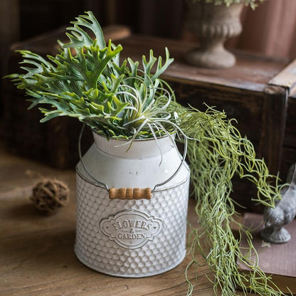White iron flower garden barrel by RusticReach with honeycomb texture and wooden handle on Tampa Home & Garden Store
