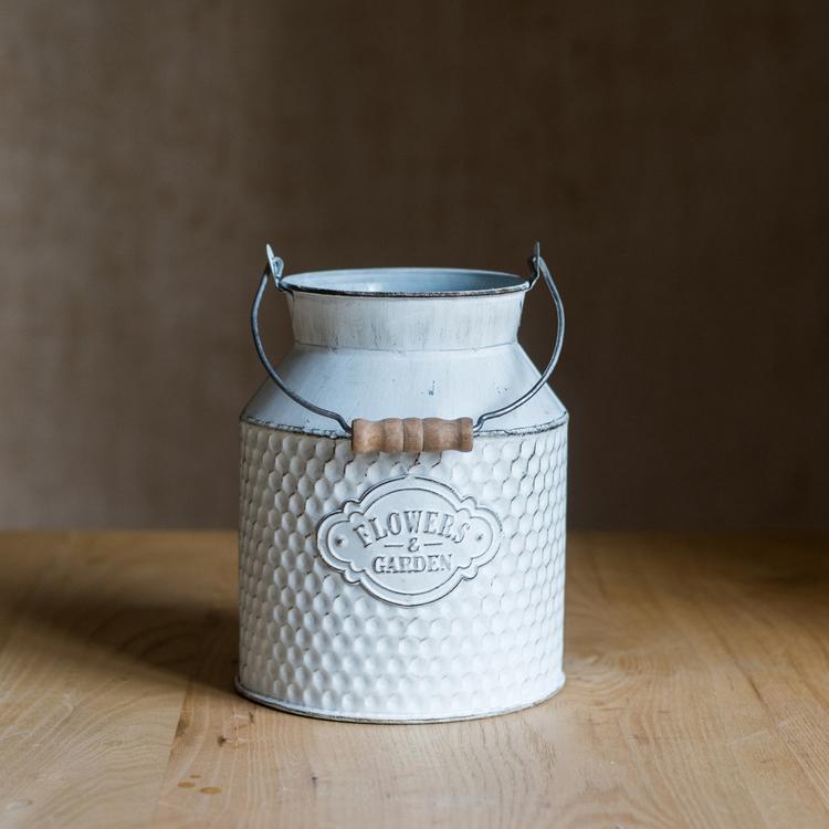 White iron flower garden barrel by RusticReach, honeycomb texture, wooden handle on Tampa Home & Garden Store