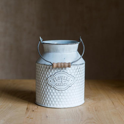 White iron flower garden barrel by RusticReach, honeycomb texture, wooden handle on Tampa Home & Garden Store