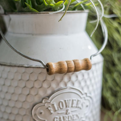 Iron flower garden barrel, white finish with wooden handle, RusticReach on Tampa Home & Garden Store