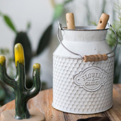 White iron flower garden barrel with wooden handles RusticReach on Tampa Home & Garden Store
