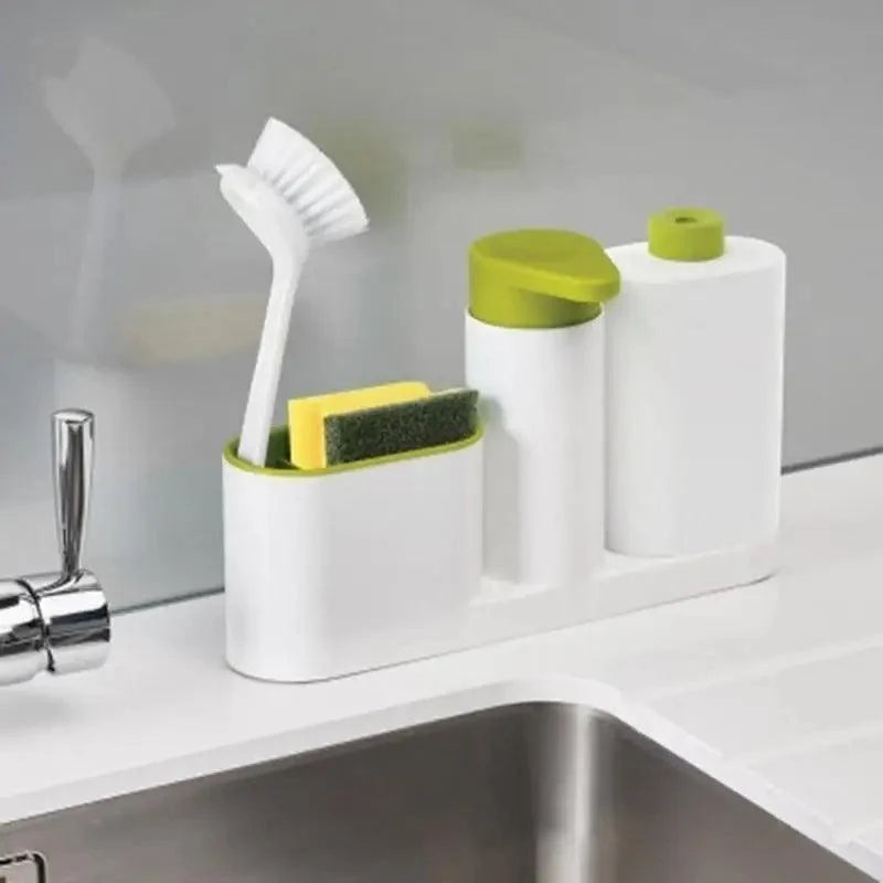 White 3-in-1 soap dispenser with sponge and brush holder on kitchen counter on Tampa Home & Garden Store