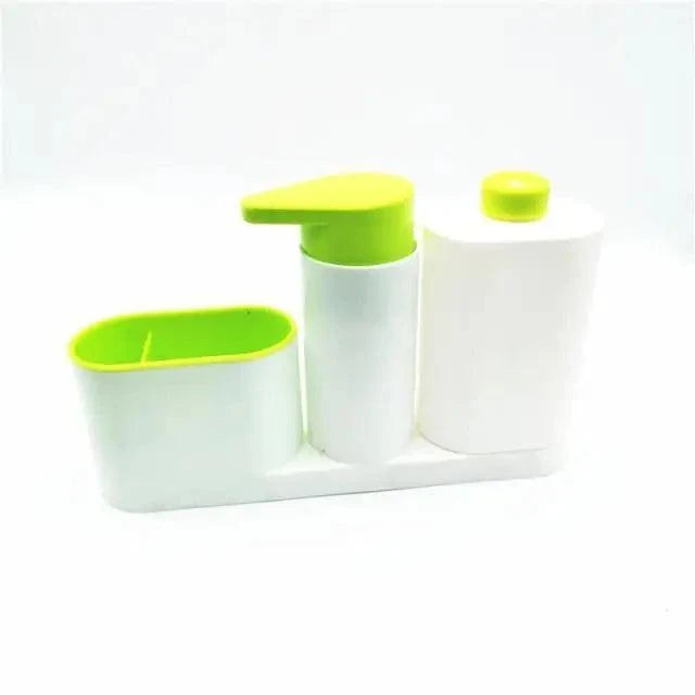 White 3-in-1 soap dispenser set with lime green accents, includes pump bottle, sponge/brush holder holder on Tampa Home & Garden Store