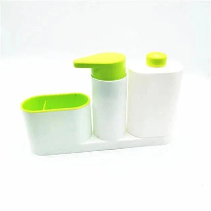 White 3-in-1 soap dispenser set with lime green accents, includes pump bottle, sponge/brush holder holder on Tampa Home & Garden Store