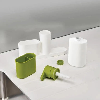 Stevvex white 3-in-1 soap dispenser with green sponge brush holder components on countertop on Tampa Home & Garden Store