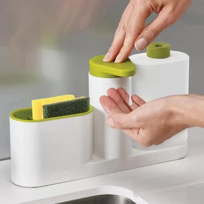 Stevvex white 3-in-1 kitchen soap dispenser and sponge brush holder with lime green lids on Tampa Home & Garden Store