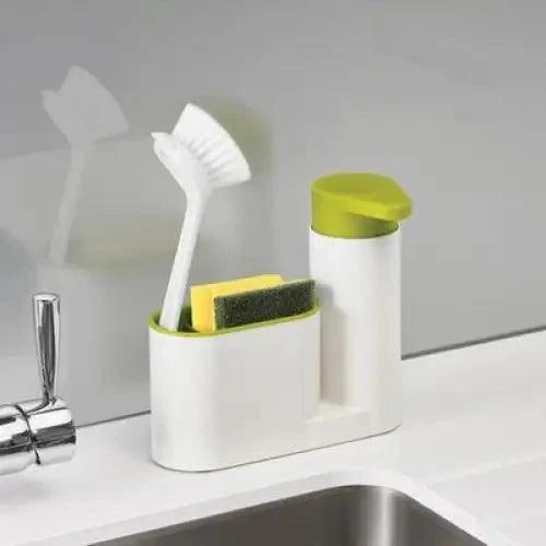 White Stevvex 3-in-1 kitchen soap dispenser with sponge and brush holder and green lid bottle on Tampa Home & Garden Store