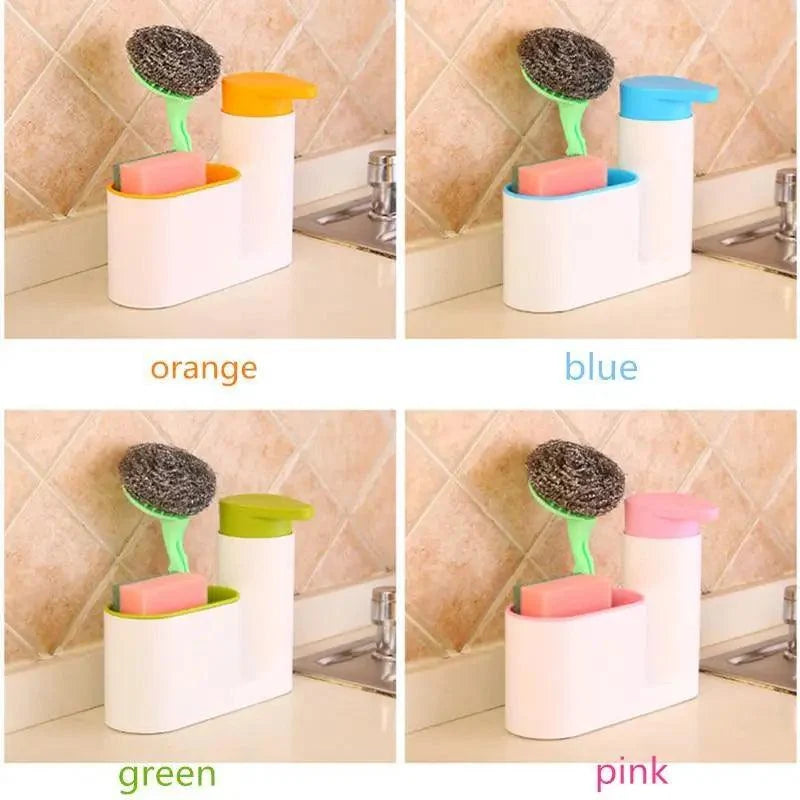 White 3-in-1 kitchen soap dispenser and sponge brush holder with orange blue green pink lids on Tampa Home & Garden Store