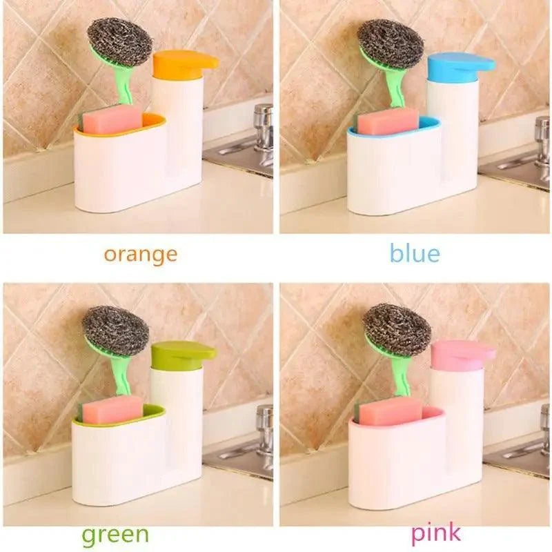 White 3-in-1 soap dispenser with sponge brush holder, shown in orange, blue, green and pink variants on Tampa Home & Garden Store