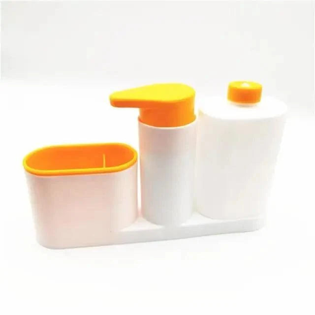 White 3-in-1 kitchen soap dispenser with orange pump and sponge/brush holder by Stevvex on Tampa Home & Garden Store