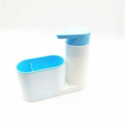 White 3-in-1 kitchen soap dispenser by Stevvex with blue pump and built-in sponge brush holder on Tampa Home & Garden Store