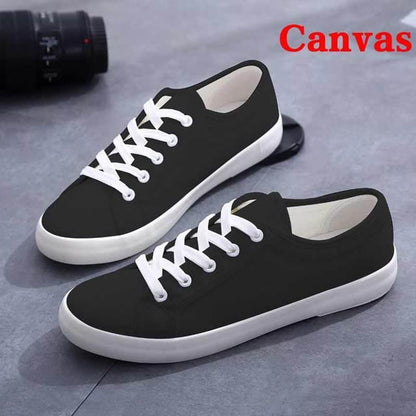Stevvex black canvas sneakers pair with white laces and white soles, casual walking shoes on Tampa Home & Garden Store