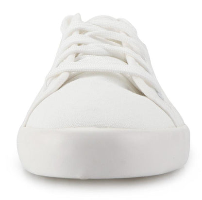 Stevvex white sneakers, canvas upper with cotton laces, casual walking flats front view on Tampa Home & Garden Store