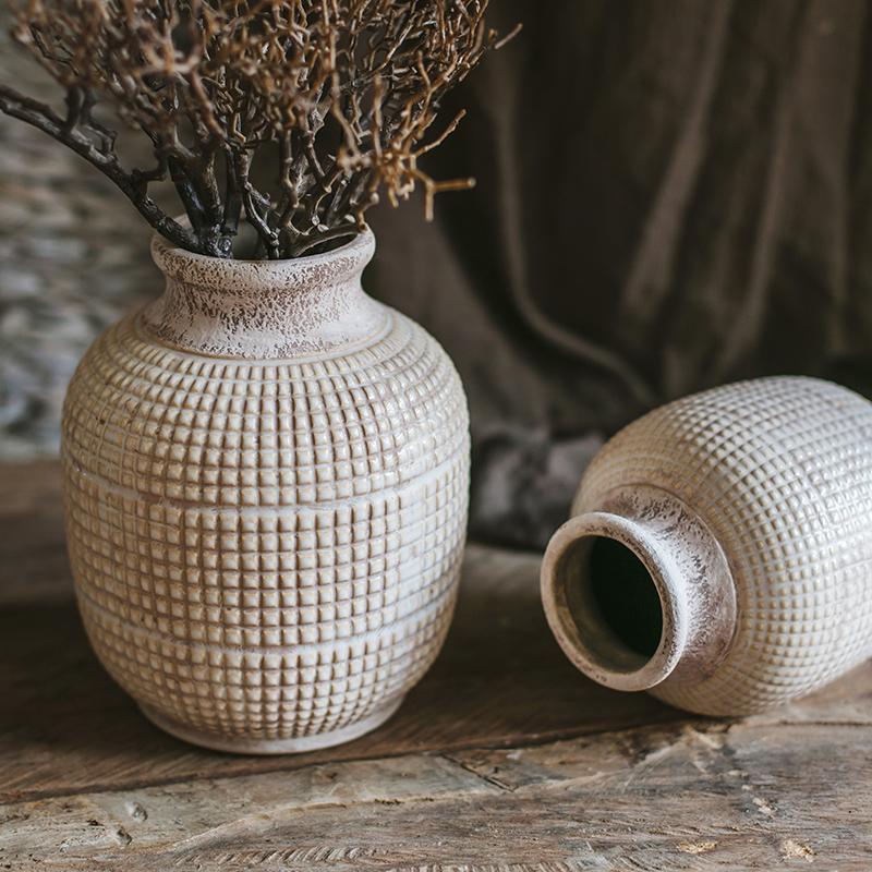 White textured porcelain jar vases set of 2 by RusticReach with grid pattern on surface on Tampa Home & Garden Store