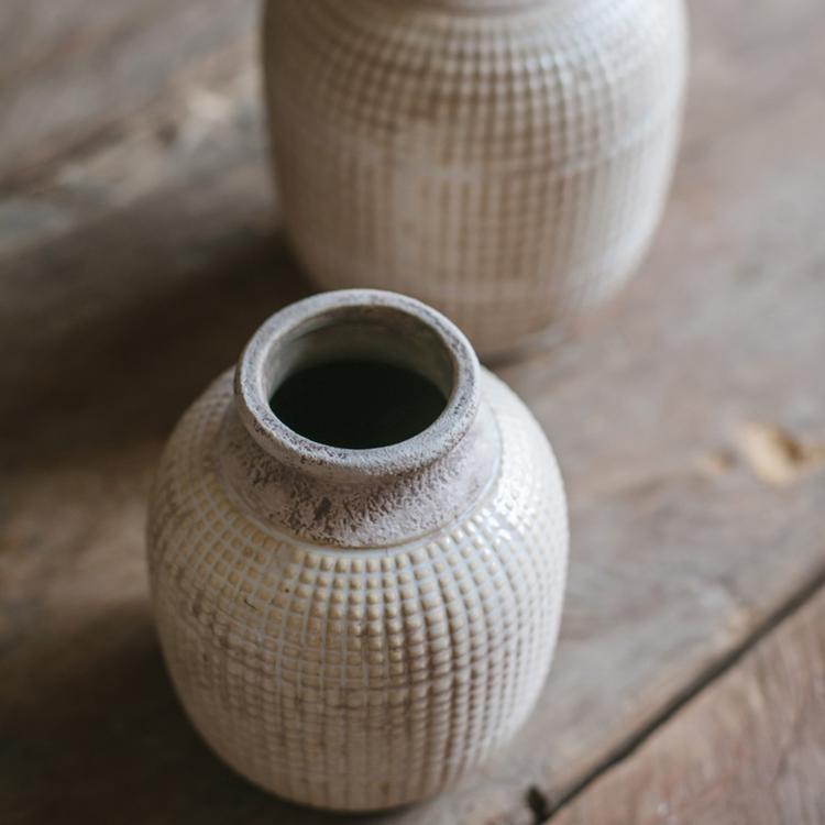 White textured porcelain jar vase by RusticReach, ceramic grid pattern, set of 2 on Tampa Home & Garden Store