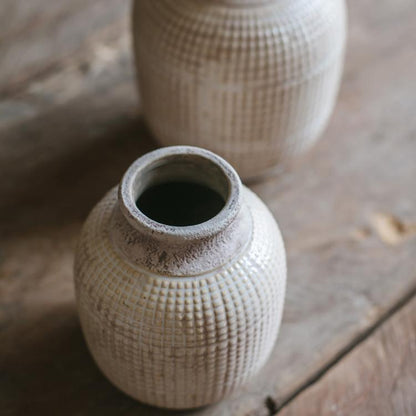 White textured porcelain jar vase by RusticReach, ceramic grid pattern, set of 2 on Tampa Home & Garden Store