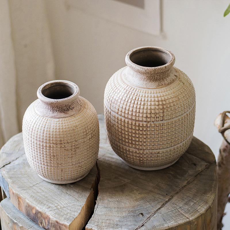 RusticReach white textured porcelain ceramic vases set, two grid-patterned vessels on Tampa Home & Garden Store