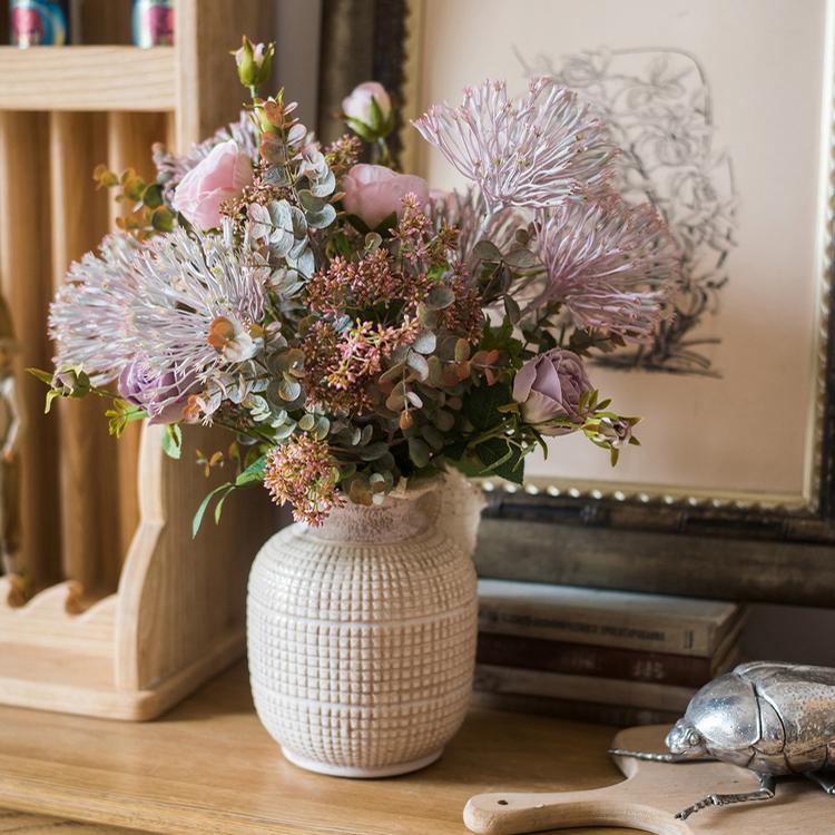 White textured porcelain jar vase with pink roses, eucalyptus and lavender dried flowers RusticReach on Tampa Home & Garden Store