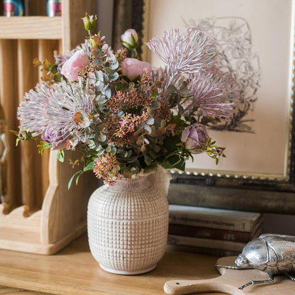 White textured porcelain jar vase with pink roses, eucalyptus and lavender dried flowers RusticReach on Tampa Home & Garden Store