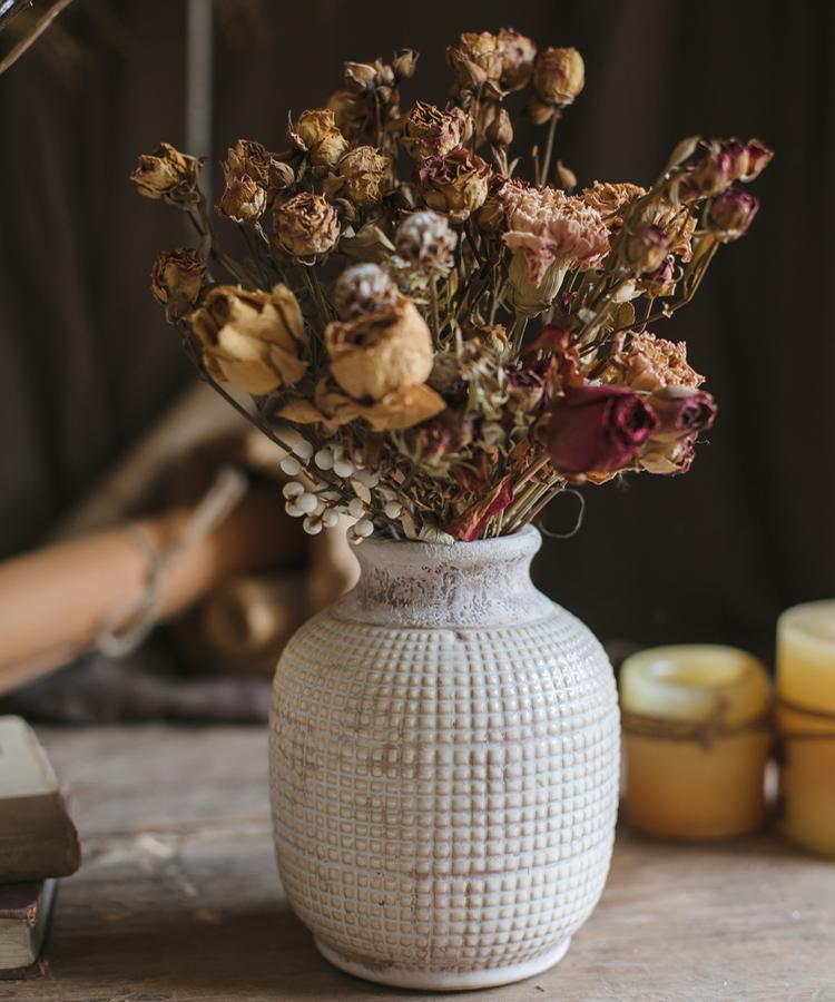 White textured porcelain jar vase by RusticReach with dried bouquet on Tampa Home & Garden Store
