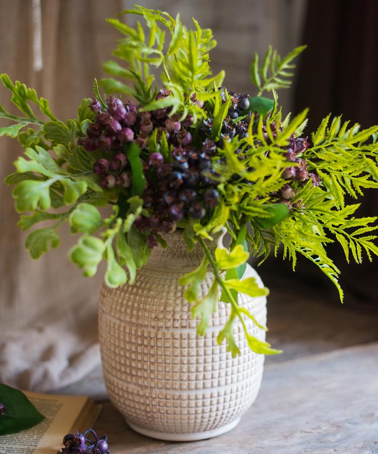 White textured porcelain jar vase with grid pattern RusticReach brand filled with greenery on Tampa Home & Garden Store