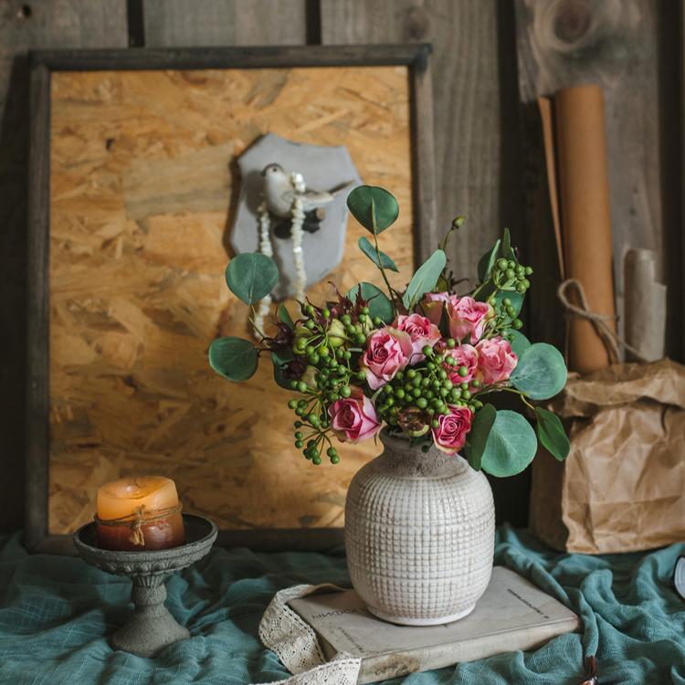 RusticReach white textured porcelain jar vase with pink roses eucalyptus and berry bouquet on Tampa Home & Garden Store