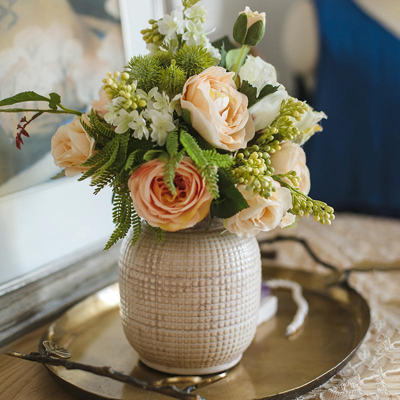 White Textured Porcelain Ceramic Jar Vase by RusticReach peach roses and greenery bouquet on Tampa Home & Garden Store