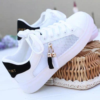 Sneakers Stevvex white breathable low-top lace-up casual flats for women with tassel charm on Tampa Home & Garden Store
