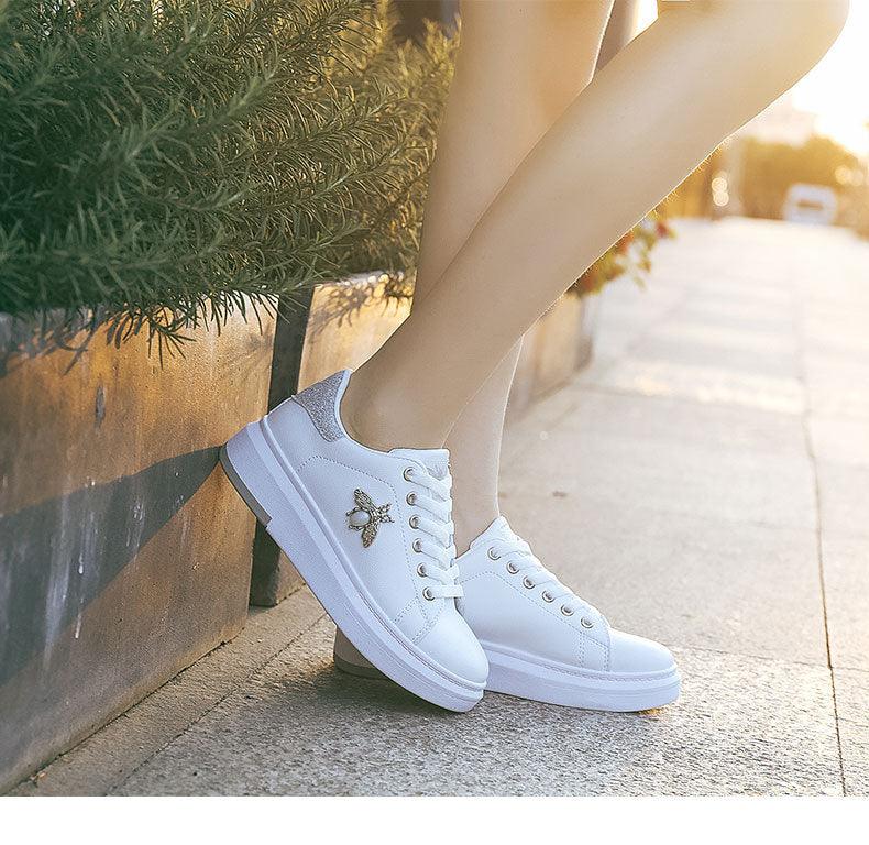 Sneakers White Stevvex lace-up platform with rhinestone bee breathable casual women's shoes on Tampa Home & Garden Store