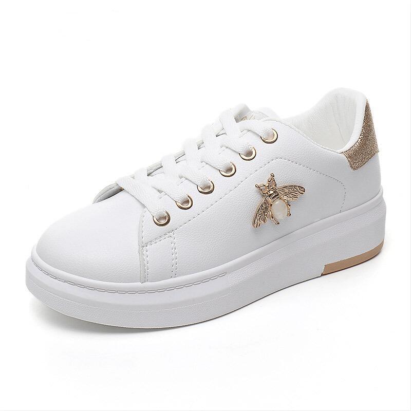White Stevvex platform sneakers for women with gold bee emblem, lace-up and chunky sole on Tampa Home & Garden Store